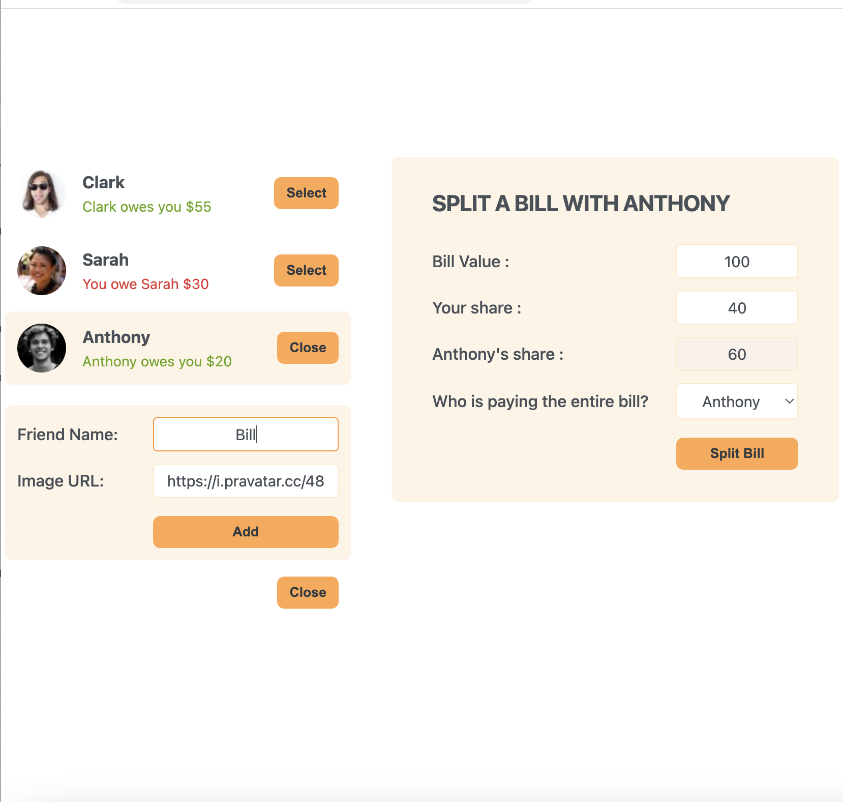 This is a React App Project aimed at keeping balances between friends splitting meal's bills. The App allows Adding new Friends, selecting which friend to split a bill with, processing the split and keeping track of balances