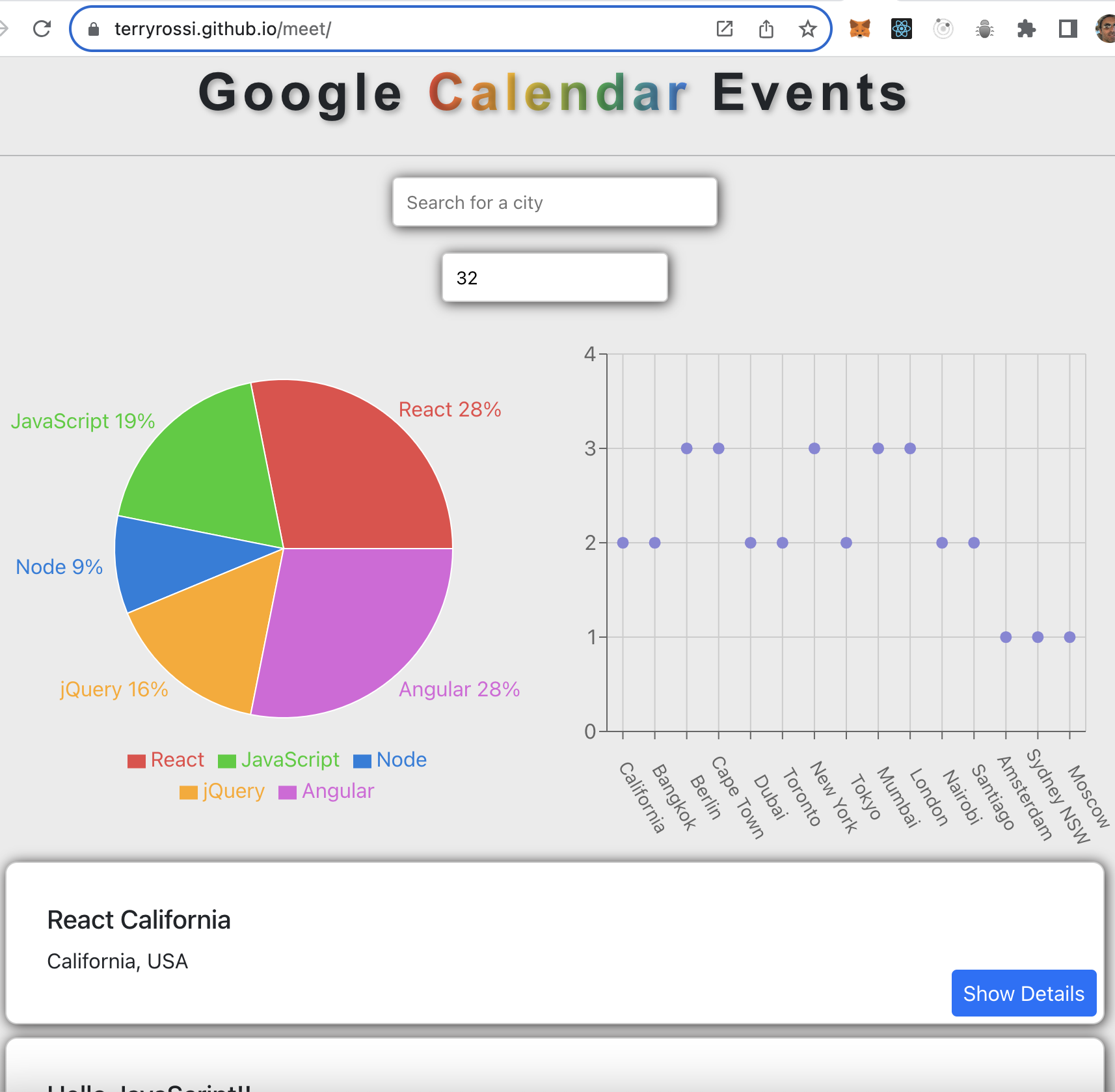 This is a Progressive Web App delivering a worldwide list of Tech events by topics, dates and location. The App uses Google/AWS serverless connection for Login, Access the Data through a Google API and works offline. 
              The app was developped using a Test-Driven-Development and a Behavior-Driven-Development Approach. Please consult README.md file on Github for full details. 
              JS, Node, React, PWA, Serverless, Google/AWS authentification/Authorization, TDD/BDD/APM Testing, Responsive Graphic Charts.